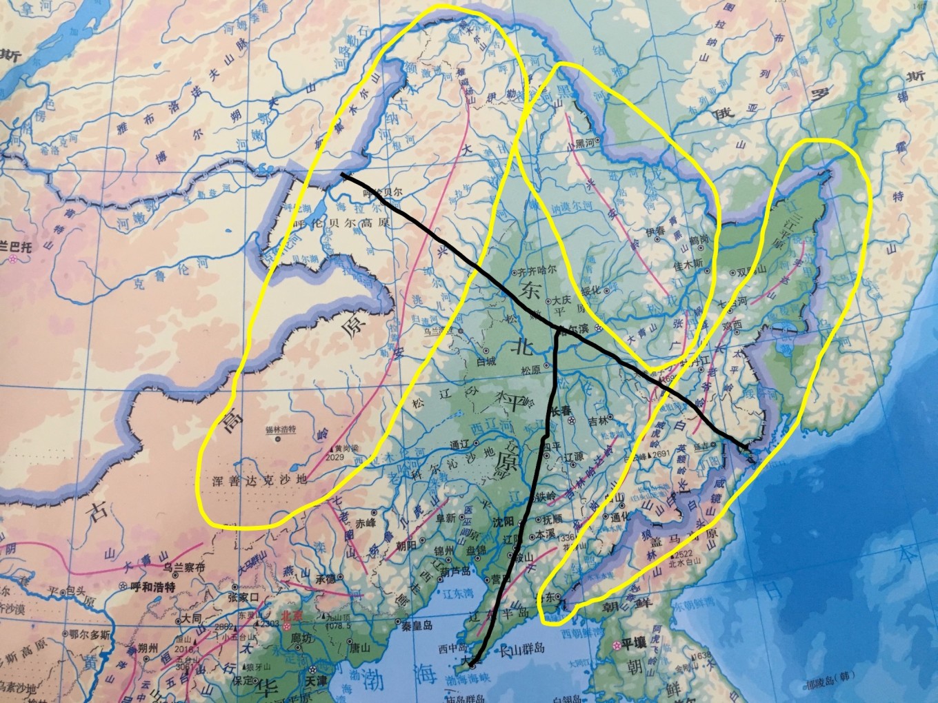 河子-牡丹江-绥芬河,"丁"字下面那一竖是哈尔滨-长春-铁岭-大连-旅顺图片