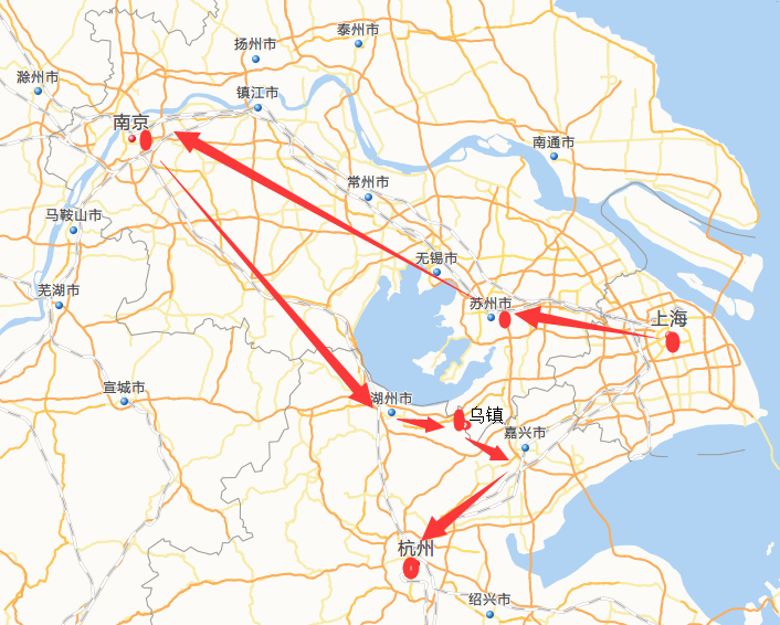 我觉得是南京~扬州~苏州~杭州~乌镇~上海的顺序,从上海回程